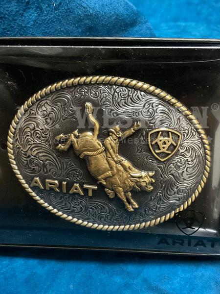 Ariat A37056 Oval Rope Edge Bullrider Buckle Antique Gold And Silver in box. If you need any assistance with this item or the purchase of this item please call us at five six one seven four eight eight eight zero one Monday through Saturday 10:00a.m EST to 8:00 p.m EST

