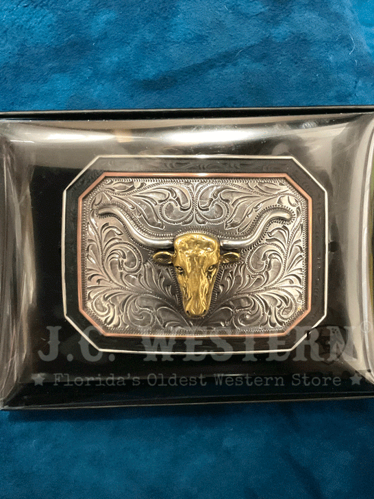 Ariat A37057 Scroll Engraving Longhorn Rectangular Buckle Silver front. If you need any assistance with this item or the purchase of this item please call us at five six one seven four eight eight eight zero one Monday through Saturday 10:00a.m EST to 8:00 p.m EST

