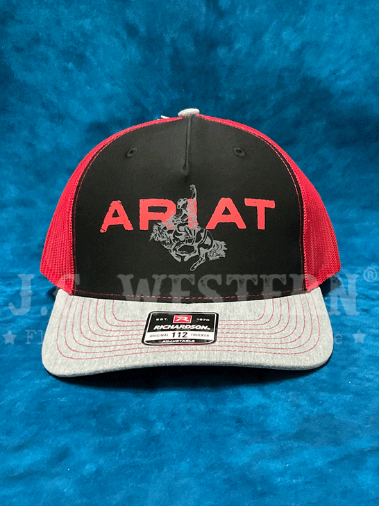 Ariat A300082664 Bucking Bronco Cap Black And Red front. If you need any assistance with this item or the purchase of this item please call us at five six one seven four eight eight eight zero one Monday through Saturday 10:00a.m EST to 8:00 p.m EST