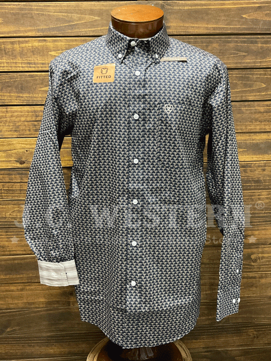 Ariat 10058510 Mens Wrinkle Free Fields Fitted Shirt Navy front. If you need any assistance with this item or the purchase of this item please call us at five six one seven four eight eight eight zero one Monday through Saturday 10:00a.m EST to 8:00 p.m EST