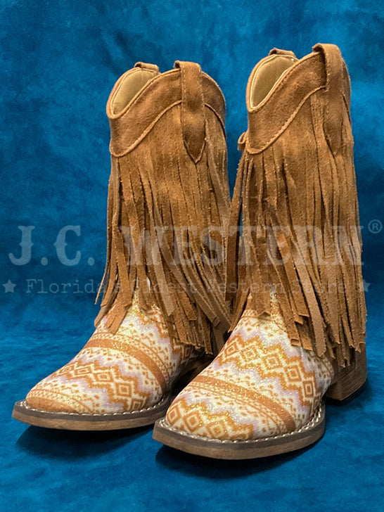 Roper 09-018-1903-3503 Kids Glitter And Fringes Aztec Boot Tan side / front view. If you need any assistance with this item or the purchase of this item please call us at five six one seven four eight eight eight zero one Monday through Saturday 10:00a.m EST to 8:00 p.m EST