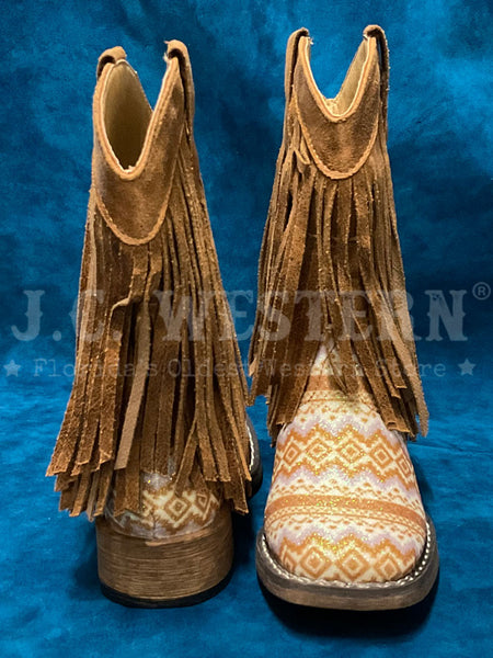 Roper 09-018-1903-3503 Kids Glitter And Fringes Aztec Boot Tan front and back view. If you need any assistance with this item or the purchase of this item please call us at five six one seven four eight eight eight zero one Monday through Saturday 10:00a.m EST to 8:00 p.m EST