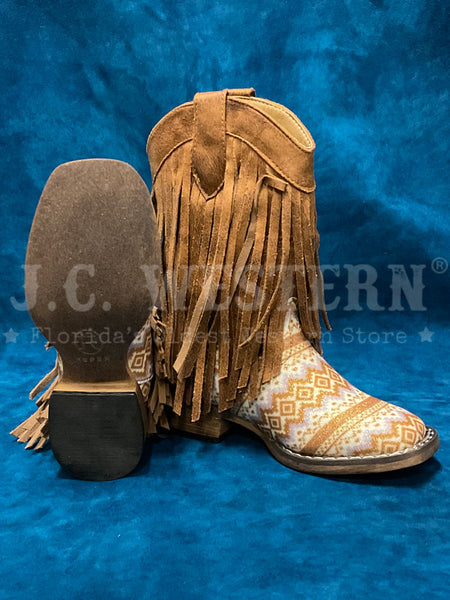 Roper 09-018-1903-3503 Kids Glitter And Fringes Aztec Boot Tan sole and inner side view. If you need any assistance with this item or the purchase of this item please call us at five six one seven four eight eight eight zero one Monday through Saturday 10:00a.m EST to 8:00 p.m EST