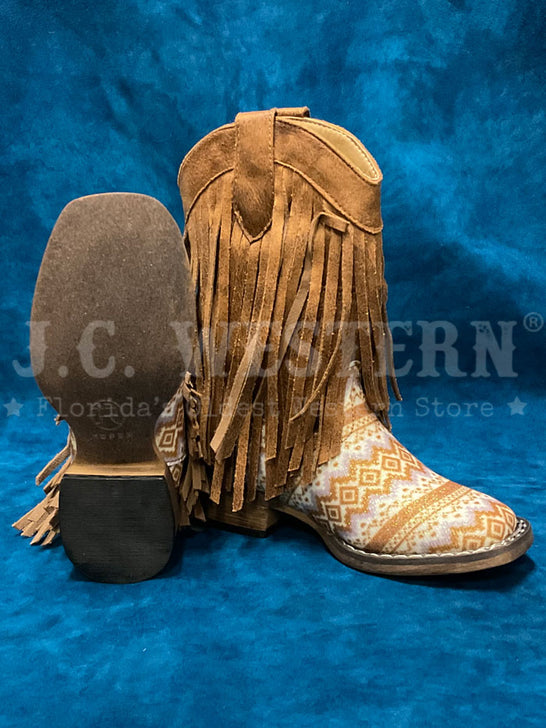 Roper 09-018-1903-3503 Kids Glitter And Fringes Aztec Boot Tan sole and inner side view. If you need any assistance with this item or the purchase of this item please call us at five six one seven four eight eight eight zero one Monday through Saturday 10:00a.m EST to 8:00 p.m EST