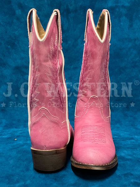 Roper 09-018-1939-2404 Kids Embroidery Round Toe Boot Pink back and front view. If you need any assistance with this item or the purchase of this item please call us at five six one seven four eight eight eight zero one Monday through Saturday 10:00a.m EST to 8:00 p.m EST