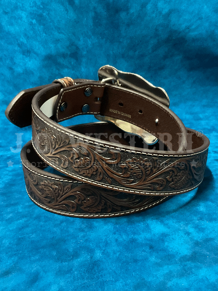 Ariat A1020467 Mens Leather Belt With Embossed Plate Buckle Dark Brown. If you need any assistance with this item or the purchase of this item please call us at five six one seven four eight eight eight zero one Monday through Saturday 10:00a.m EST to 8:00 p.m ESTfront