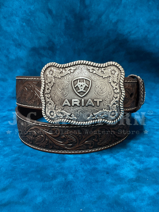 Ariat A1020467 Mens Leather Belt With Embossed Plate Buckle Dark Brown. If you need any assistance with this item or the purchase of this item please call us at five six one seven four eight eight eight zero one Monday through Saturday 10:00a.m EST to 8:00 p.m ESTfront