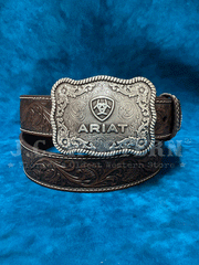 Ariat A1020467 Mens Leather Belt With Embossed Plate Buckle Dark Brown. If you need any assistance with this item or the purchase of this item please call us at five six one seven four eight eight eight zero one Monday through Saturday 10:00a.m EST to 8:00 p.m ESTfront