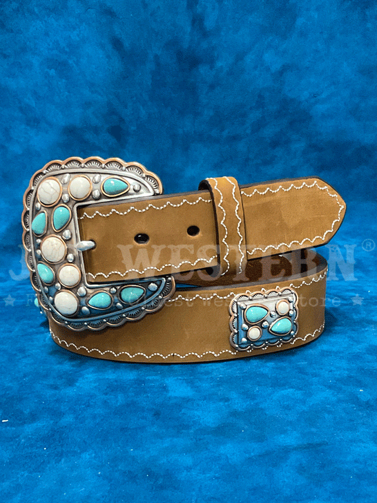 Angel Ranch D140007502 Womens Rectangle Scalloped Conchos Belt Tan front. If you need any assistance with this item or the purchase of this item please call us at five six one seven four eight eight eight zero one Monday through Saturday 10:00a.m EST to 8:00 p.m EST