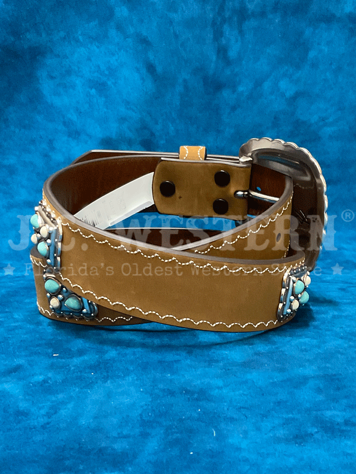 Angel Ranch D140007502 Womens Rectangle Scalloped Conchos Belt Tan front. If you need any assistance with this item or the purchase of this item please call us at five six one seven four eight eight eight zero one Monday through Saturday 10:00a.m EST to 8:00 p.m EST