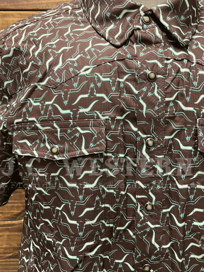 Rock & Roll Denim BMN3S05490 Mens Longhorn Print Tek Western Short Sleeve Snap Shirt Chocolate front. If you need any assistance with this item or the purchase of this item please call us at five six one seven four eight eight eight zero one Monday through Saturday 10:00a.m EST to 8:00 p.m EST