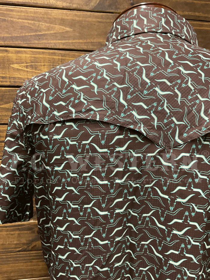 Rock & Roll Denim BMN3S05490 Mens Longhorn Print Tek Western Short Sleeve Snap Shirt Chocolate front. If you need any assistance with this item or the purchase of this item please call us at five six one seven four eight eight eight zero one Monday through Saturday 10:00a.m EST to 8:00 p.m EST