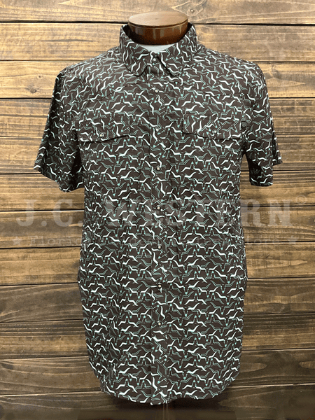 Rock & Roll Denim BMN3S05490 Mens Longhorn Print Tek Western Short Sleeve Snap Shirt Chocolate front. If you need any assistance with this item or the purchase of this item please call us at five six one seven four eight eight eight zero one Monday through Saturday 10:00a.m EST to 8:00 p.m EST