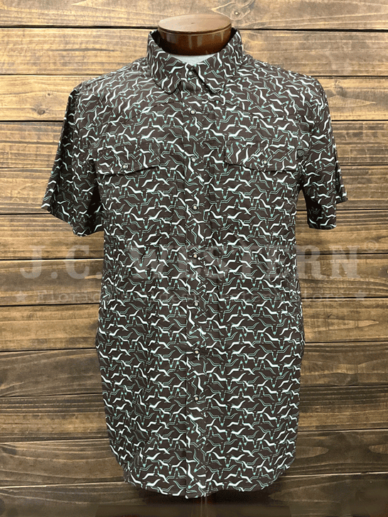 Rock & Roll Denim BMN3S05490 Mens Longhorn Print Tek Western Short Sleeve Snap Shirt Chocolate front. If you need any assistance with this item or the purchase of this item please call us at five six one seven four eight eight eight zero one Monday through Saturday 10:00a.m EST to 8:00 p.m EST