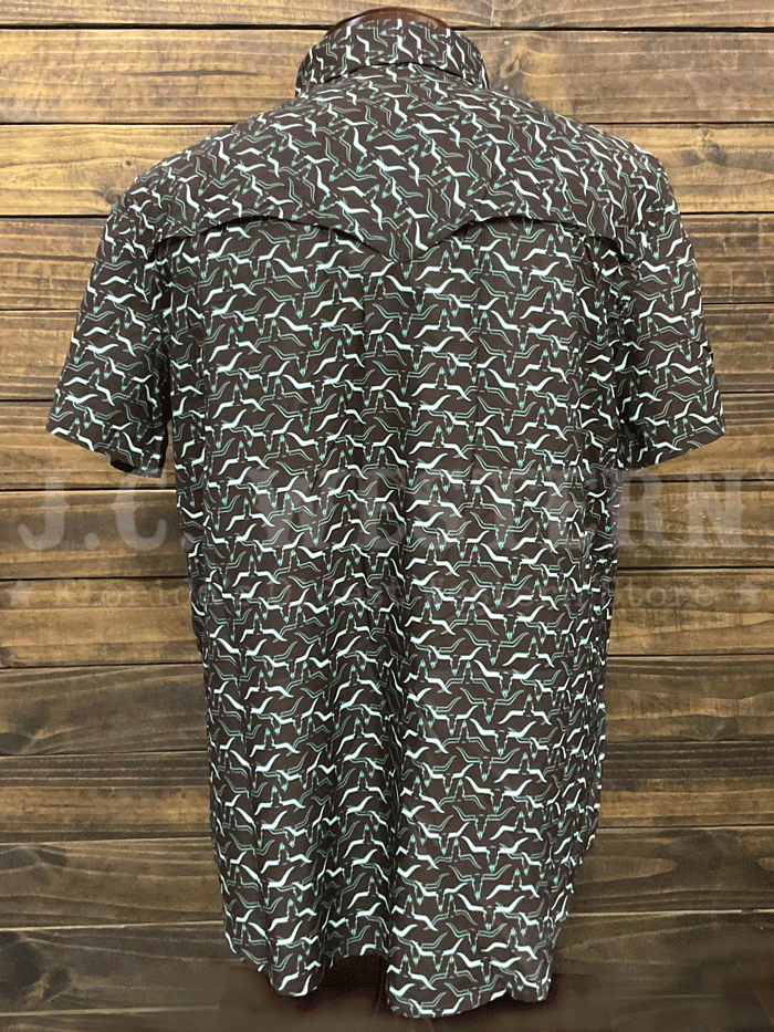 Rock & Roll Denim BMN3S05490 Mens Longhorn Print Tek Western Short Sleeve Snap Shirt Chocolate front. If you need any assistance with this item or the purchase of this item please call us at five six one seven four eight eight eight zero one Monday through Saturday 10:00a.m EST to 8:00 p.m EST