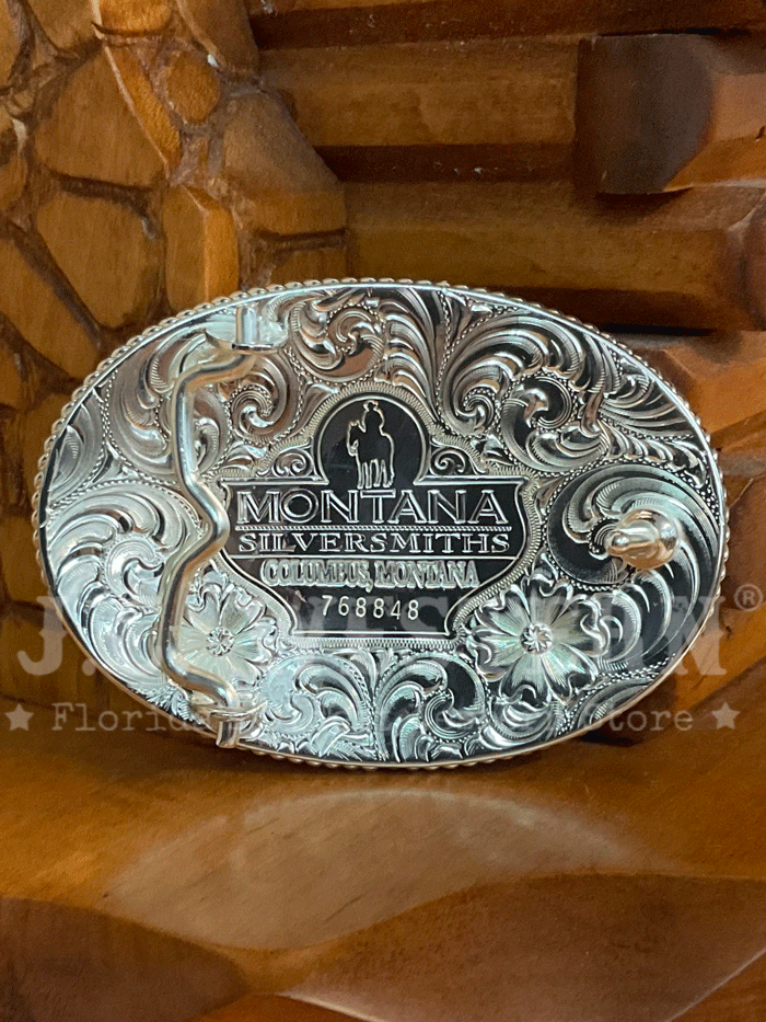 Montana Silversmiths 1340-767M Longhorn Gold Rope Trimmed Engraved Buckle Silver front. If you need any assistance with this item or the purchase of this item please call us at five six one seven four eight eight eight zero one Monday through Saturday 10:00a.m EST to 8:00 p.m EST