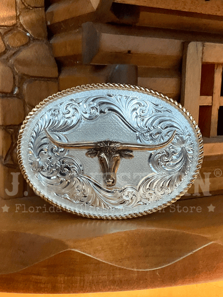 Montana Silversmiths 1340-767M Longhorn Gold Rope Trimmed Engraved Buckle Silver front. If you need any assistance with this item or the purchase of this item please call us at five six one seven four eight eight eight zero one Monday through Saturday 10:00a.m EST to 8:00 p.m EST