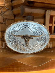 Montana Silversmiths 1340-767M Longhorn Gold Rope Trimmed Engraved Buckle Silver front. If you need any assistance with this item or the purchase of this item please call us at five six one seven four eight eight eight zero one Monday through Saturday 10:00a.m EST to 8:00 p.m EST