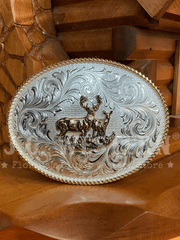 Montana Silversmiths 1255-977L Whitetail Buck And Doe Classic Western Buckle Silver front. If you need any assistance with this item or the purchase of this item please call us at five six one seven four eight eight eight zero one Monday through Saturday 10:00a.m EST to 8:00 p.m EST