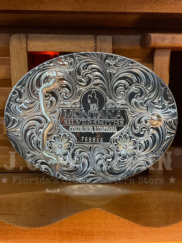 Montana Silversmiths 6145-767H Longhorn Engraved Buckle Silver front view. If you need any assistance with this item or the purchase of this item please call us at five six one seven four eight eight eight zero one Monday through Saturday 10:00a.m EST to 8:00 p.m EST