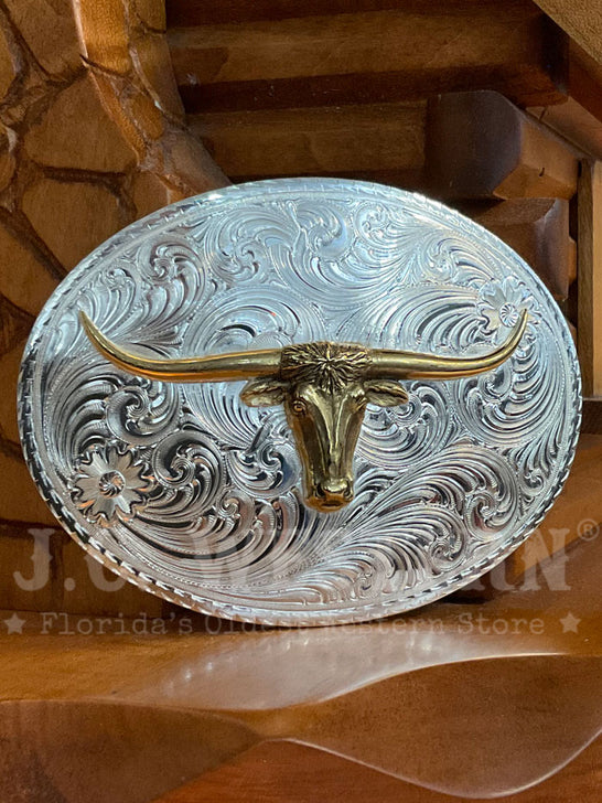 Montana Silversmiths 6145-767H Longhorn Engraved Buckle Silver front view. If you need any assistance with this item or the purchase of this item please call us at five six one seven four eight eight eight zero one Monday through Saturday 10:00a.m EST to 8:00 p.m EST