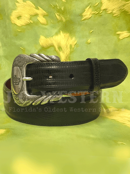 Lucchese W8011-D Mens Classic Lizard Western Belt Black front view. If you need any assistance with this item or the purchase of this item please call us at five six one seven four eight eight eight zero one Monday through Saturday 10:00a.m EST to 8:00 p.m EST