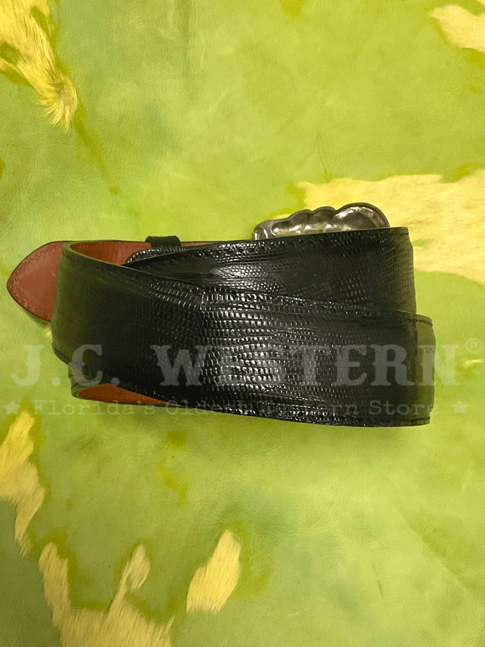 Lucchese W8011-D Mens Classic Lizard Western Belt Black front view. If you need any assistance with this item or the purchase of this item please call us at five six one seven four eight eight eight zero one Monday through Saturday 10:00a.m EST to 8:00 p.m EST