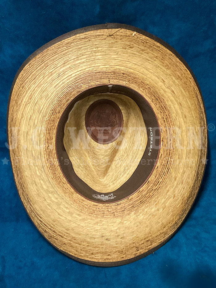 Stetson SSKMBL-4034 KIMBALL Stained Palm Hat Natural Burned side / front view. If you need any assistance with this item or the purchase of this item please call us at five six one seven four eight eight eight zero one Monday through Saturday 10:00a.m EST to 8:00 p.m EST