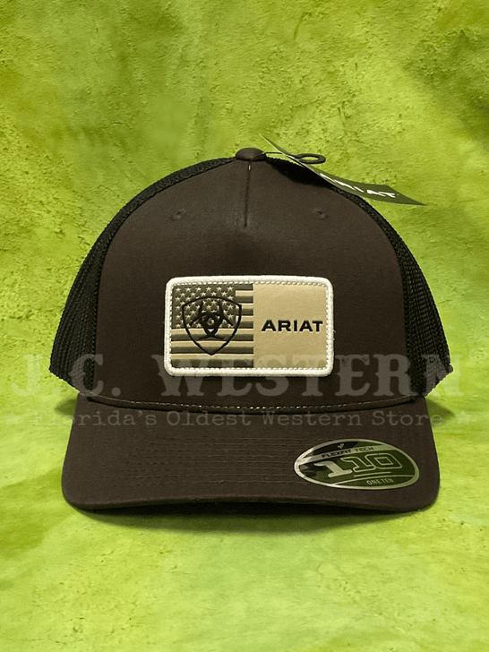 Ariat A300090702 Mens American Flag Patch Flexfit 110 Cap Brown front. If you need any assistance with this item or the purchase of this item please call us at five six one seven four eight eight eight zero one Monday through Saturday 10:00a.m EST to 8:00 p.m EST