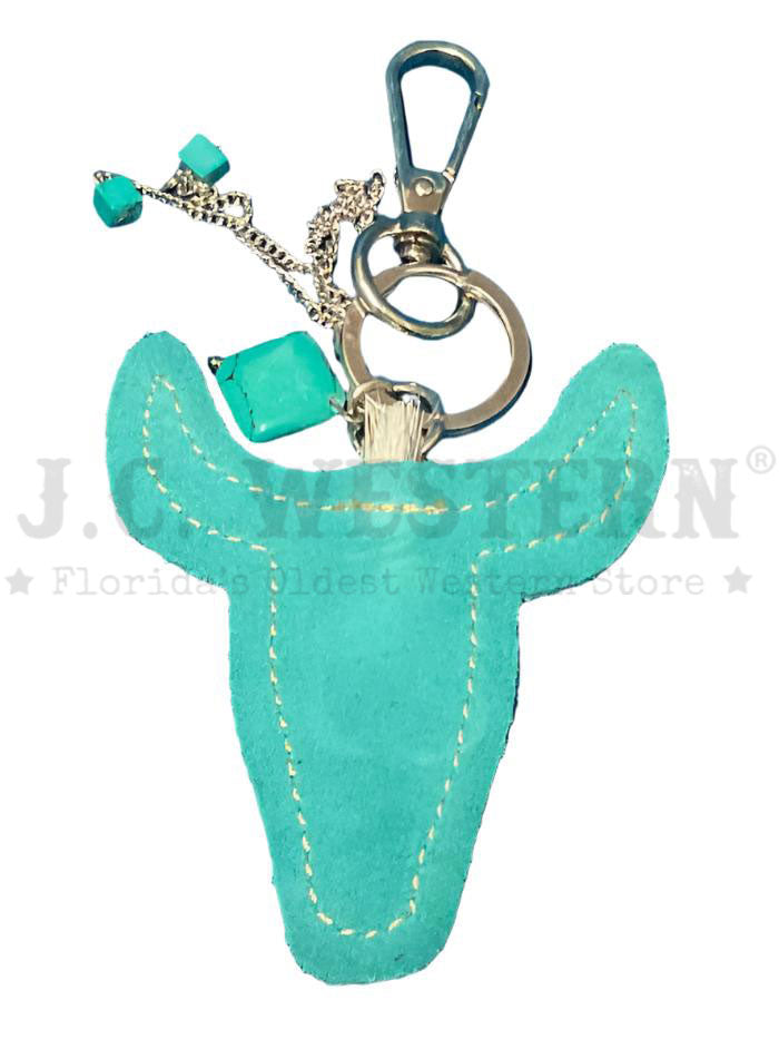 Myra Bag S-9233 Buffalo Head Hair On Hide Key Fob Turquoise front view. If you need any assistance with this item or the purchase of this item please call us at five six one seven four eight eight eight zero one Monday through Saturday 10:00a.m EST to 8:00 p.m EST