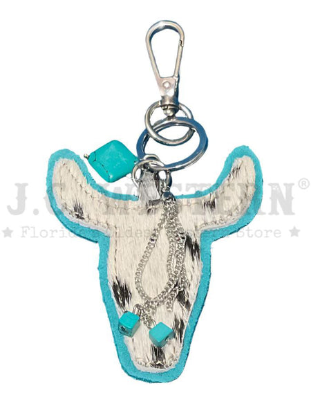 Myra Bag S-9233 Buffalo Head Hair On Hide Key Fob Turquoise front view. If you need any assistance with this item or the purchase of this item please call us at five six one seven four eight eight eight zero one Monday through Saturday 10:00a.m EST to 8:00 p.m EST