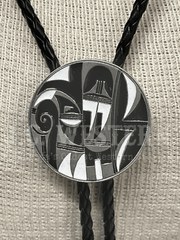 Colorado Silver Star 5-BC23-E Round Hopi Indian Design Bolo Tie close up. If you need any assistance with this item or the purchase of this item please call us at five six one seven four eight eight eight zero one Monday through Saturday 10:00a.m EST to 8:00 p.m EST

