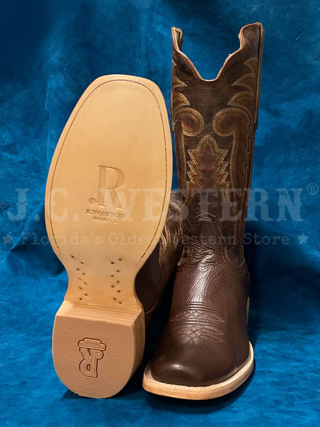 R.Watson RW7302-1 Mens Deer Narrow Square Boot Chocolate Bark sole and front view. If you need any assistance with this item or the purchase of this item please call us at five six one seven four eight eight eight zero one Monday through Saturday 10:00a.m EST to 8:00 p.m EST