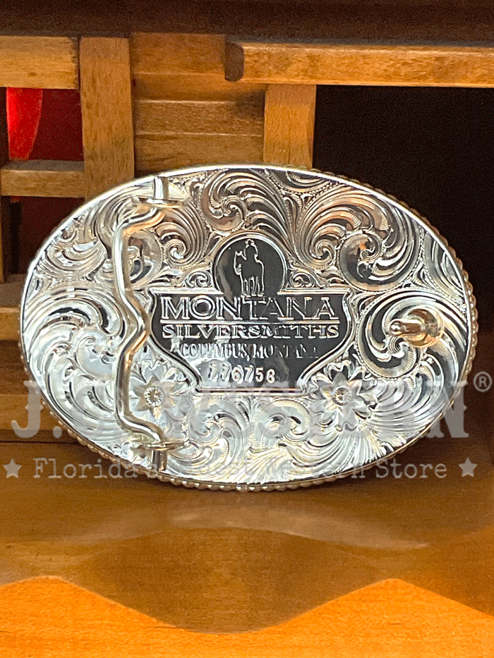 Montana Silversmiths 1256-911L Four Aces Western Buckle Silver front view. If you need any assistance with this item or the purchase of this item please call us at five six one seven four eight eight eight zero one Monday through Saturday 10:00a.m EST to 8:00 p.m EST
