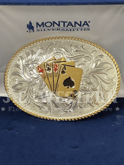 Montana Silversmiths 1256-911L Four Aces Western Buckle Silver front view. If you need any assistance with this item or the purchase of this item please call us at five six one seven four eight eight eight zero one Monday through Saturday 10:00a.m EST to 8:00 p.m EST
