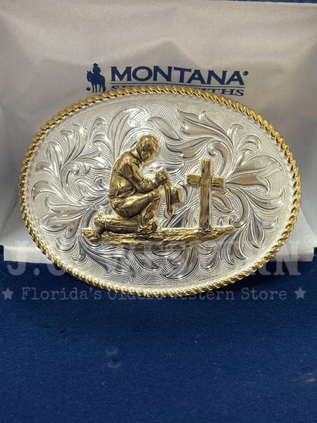 Montana Silversmiths 1256-917L Praying Cowboy Western Buckle Silver front view. If you need any assistance with this item or the purchase of this item please call us at five six one seven four eight eight eight zero one Monday through Saturday 10:00a.m EST to 8:00 p.m EST