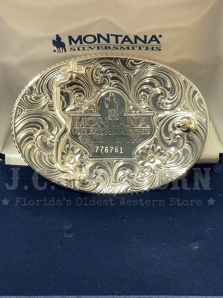 Montana Silversmiths 1256-917L Praying Cowboy Western Buckle Silver back view. If you need any assistance with this item or the purchase of this item please call us at five six one seven four eight eight eight zero one Monday through Saturday 10:00a.m EST to 8:00 p.m EST