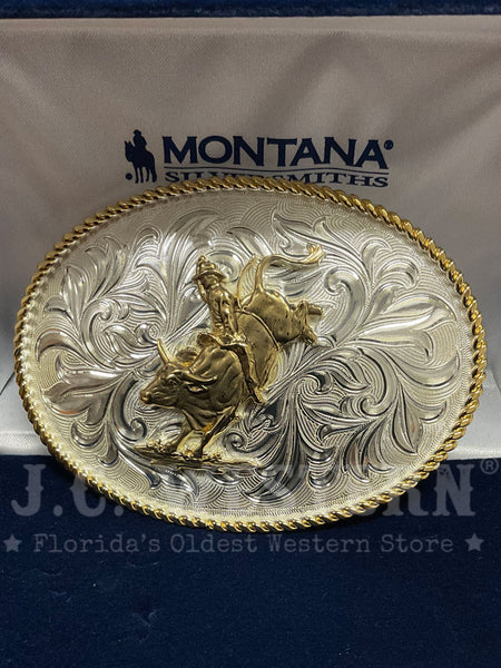 Montana Silversmiths 1256-205H Bull Rider Western Buckle Silver front view. If you need any assistance with this item or the purchase of this item please call us at five six one seven four eight eight eight zero one Monday through Saturday 10:00a.m EST to 8:00 p.m EST