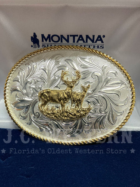 Montana Silversmiths 1256-977L Buck And Doe Western Buckle Silver front view. If you need any assistance with this item or the purchase of this item please call us at five six one seven four eight eight eight zero one Monday through Saturday 10:00a.m EST to 8:00 p.m EST