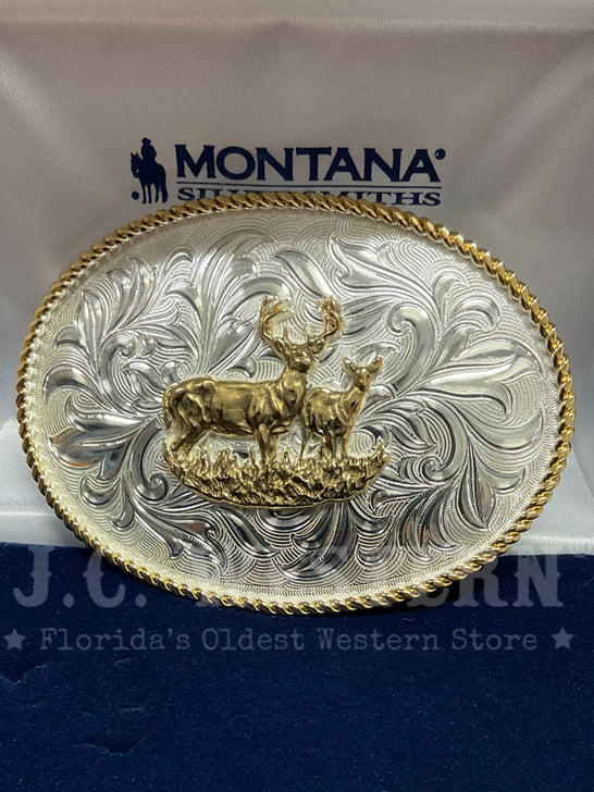 Montana Silversmiths 1256-977L Buck And Doe Western Buckle Silver front view. If you need any assistance with this item or the purchase of this item please call us at five six one seven four eight eight eight zero one Monday through Saturday 10:00a.m EST to 8:00 p.m EST