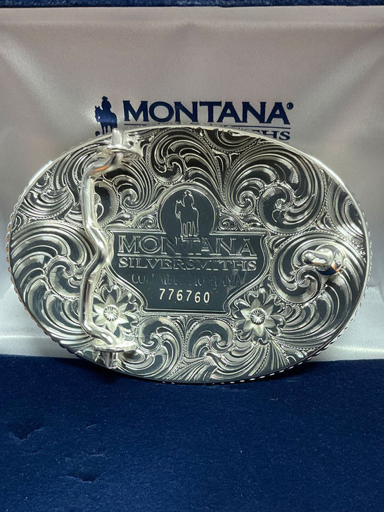 Montana Silversmiths 1256-977L Buck And Doe Western Buckle Silver back view. If you need any assistance with this item or the purchase of this item please call us at five six one seven four eight eight eight zero one Monday through Saturday 10:00a.m EST to 8:00 p.m EST