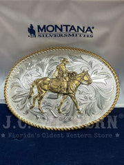 Montana Silversmiths 1256-931L Riding For The Brand Cowboy Western Buckle Silver front view. If you need any assistance with this item or the purchase of this item please call us at five six one seven four eight eight eight zero one Monday through Saturday 10:00a.m EST to 8:00 p.m EST