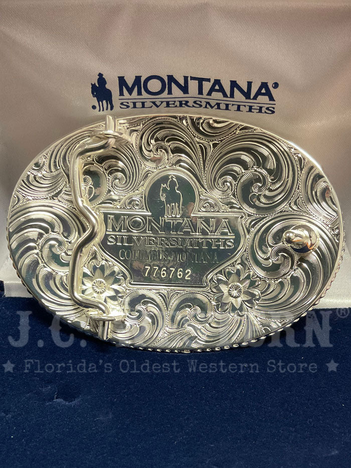 Montana Silversmiths 1256-931L Riding For The Brand Cowboy Western Buckle Silver front view. If you need any assistance with this item or the purchase of this item please call us at five six one seven four eight eight eight zero one Monday through Saturday 10:00a.m EST to 8:00 p.m EST