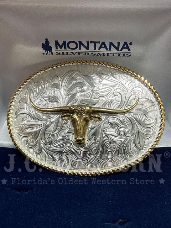 Montana Silversmiths 1256-767H Longhorn Western Buckle Silver front view. If you need any assistance with this item or the purchase of this item please call us at five six one seven four eight eight eight zero one Monday through Saturday 10:00a.m EST to 8:00 p.m EST