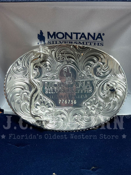 Montana Silversmiths 1256-767H Longhorn Western Buckle Silver back view. If you need any assistance with this item or the purchase of this item please call us at five six one seven four eight eight eight zero one Monday through Saturday 10:00a.m EST to 8:00 p.m EST