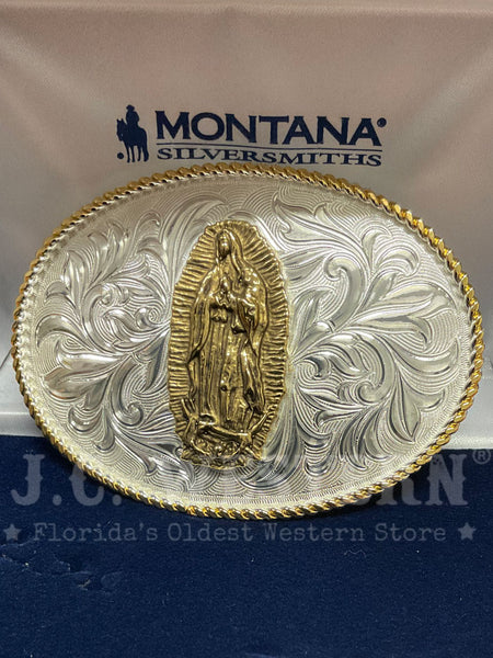 Montana Silversmiths 1256-1010L Our Lady Of Guadalupe Western Buckle Silver front view. If you need any assistance with this item or the purchase of this item please call us at five six one seven four eight eight eight zero one Monday through Saturday 10:00a.m EST to 8:00 p.m EST