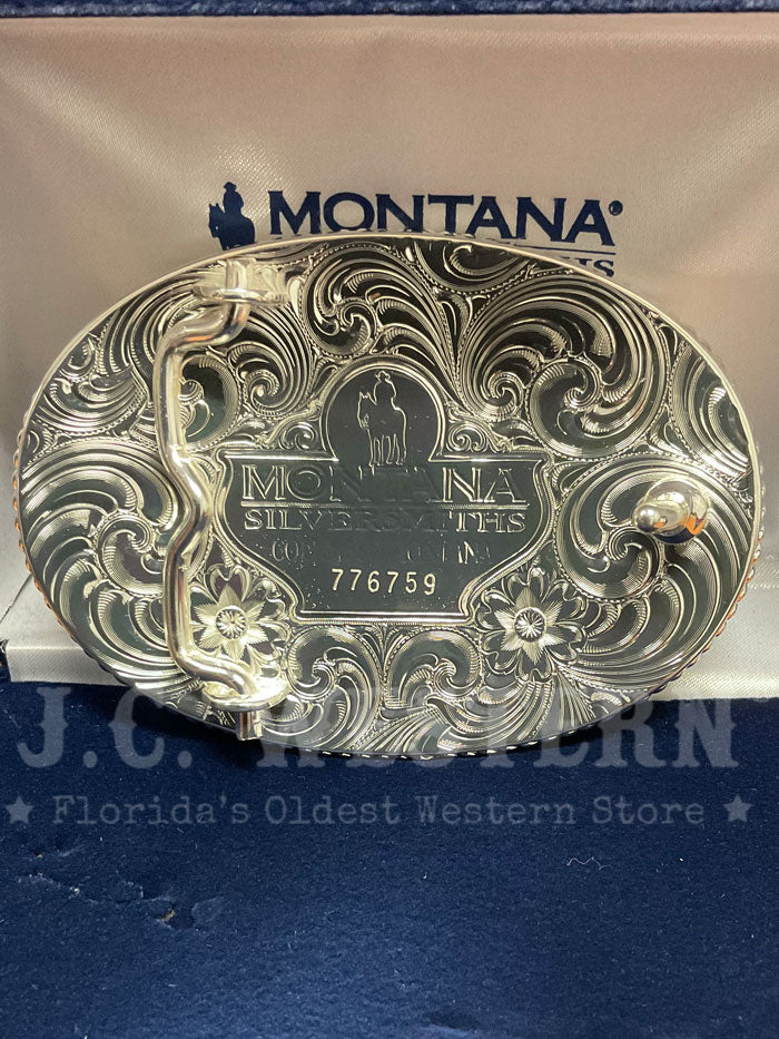 Montana Silversmiths 1256-1010L Our Lady Of Guadalupe Western Buckle Silver front view. If you need any assistance with this item or the purchase of this item please call us at five six one seven four eight eight eight zero one Monday through Saturday 10:00a.m EST to 8:00 p.m EST