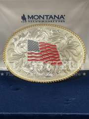 Montana Silversmiths 1256-874L USA Flag Western Buckle Silver front view. If you need any assistance with this item or the purchase of this item please call us at five six one seven four eight eight eight zero one Monday through Saturday 10:00a.m EST to 8:00 p.m EST