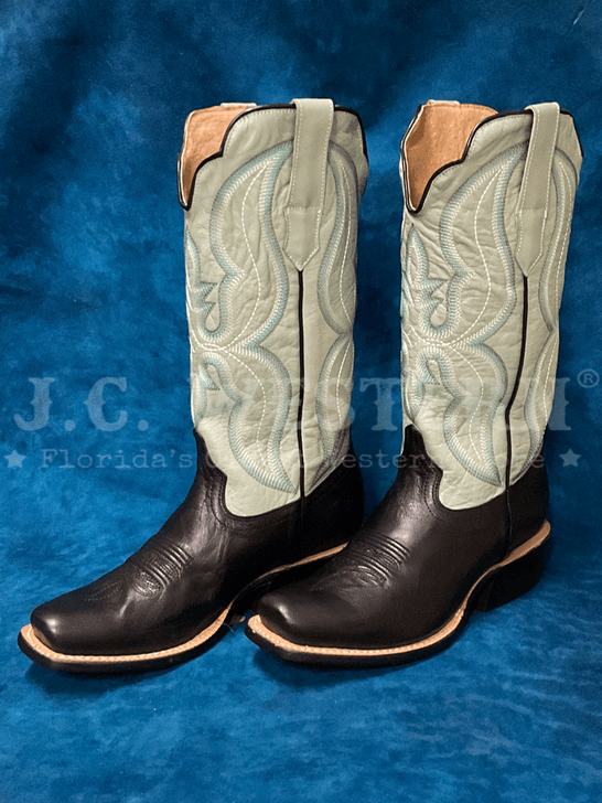 R.Watson WRL0004-1 Ladies Western Goat Leather Boot Aqua and Jet Black side view of pair. If you need any assistance with this item or the purchase of this item please call us at five six one seven four eight eight eight zero one Monday through Saturday 10:00a.m EST to 8:00 p.m EST