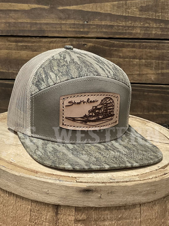 Shoot & Reel SR8-MNBF Air Boat Patch Flat Bill Cap Mossy Oak New Bottomland Balsa side / front view. If you need any assistance with this item or the purchase of this item please call us at five six one seven four eight eight eight zero one Monday through Saturday 10:00a.m EST to 8:00 p.m EST